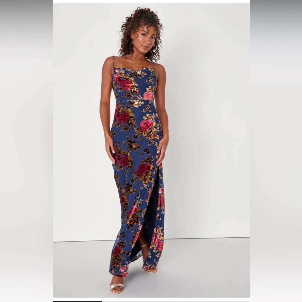 Lulus NavyBlue Chic Romantic Burnout Velvet Floral Chiffon CowlNeck Dress NWOT S